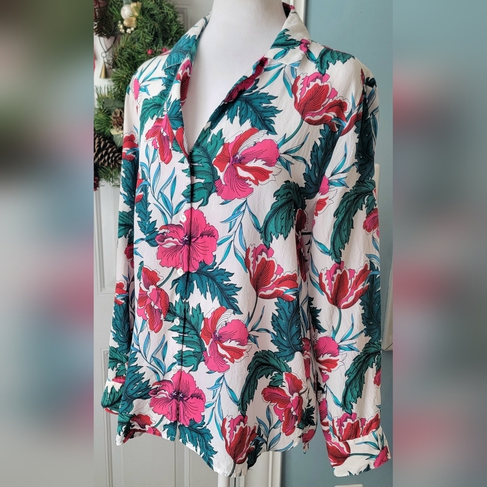 Tommy Bahama Baroque Blooms 100% Silk Button Down Womens S Pink Green Tropical
